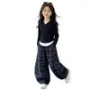 Conjunto de Ropa de Otoño para Niñas 2026 Nuevo Elegante Conjunto Falso de Dos Piezas con Capucha Otoño Niños Grandes Pantalones Cuadros Casuales