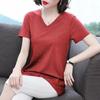 Moda Talla Grande Brillante Gordo mm Verano Suelto Cuello en V Manga Corta Camiseta Femenina Madre Look Adelgazante Cubre Vientre Top