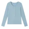 Top de capa base de lana de acetato de lyocell para mujer, otoño e invierno, cuello redondo, media tapeta abotonada, suéter de punto ajustado, top de manga larga