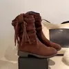 Botas Estilo Wasteland com Franjas Femininas Merade Knight Botas Curtas Novidades Outono/Inverno 2026 Botas com Salto Bloco Botas Skinny Retrô