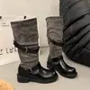Botas Largas Retro Patchwork para Mujer 2026 Otoño Nueva Llegada Hebilla Plisadas Apiladas Botas para Pantorrilla Ancha Adelgazantes Botas de Jinete