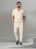 Verano Nuevo Estilo Europeo y Americano Comercio Transfronterizo Comercio Exterior Conjunto de Traje para Hombre Color Sólido Waffle Solapa Manga Corta Cremallera Pantalones Largos