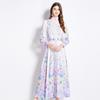 Vestido longo com gola alta estilo pintura a óleo de flores para férias de primavera e verão 2025