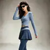 Conjunto de Pilates Estilo Primavera y Otoño para Mujer, Bloque de Color Cuello en U con Almohadillas en el Pecho, Mangas Largas, Falso Dos Piezas, Pantalones Falda Plisados, Ropa Deportiva Adelgazante