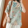 Blusa de Algodón y Lino con Botonadura Oblicua Estilo Chinoiserie para Mujer Verano Manga Corta Holgada Retro que Reduce la Edad Elegante Botón de Disco Floral Camisa Delgada