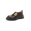 Mocassins de couro de cabra com fivela quadrada de metal estilo universitário, primavera 2024, salto médio grosso, bico redondo, sapatilhas de couro legítimo, boca profunda, tamanho feminino
