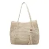 Bolso de Hombro Nuevo de Paja Lisa con Borlas, Bolso de Playa de Moda y Versátil, Bolso Tote Casual Simple de Gran Capacidad para Mujer
