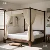 Cama de Casal com Dossel e Estrutura Simples, Cama Estética Estilo Chinês Novo, Design Estilo Song, Um Estilo, Dois Tipos