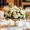 Jarrón alto de arte en hierro vintage estilo europeo, color dorado con acentos en oro blanco, recipiente para flores de mesa principal de boda, decoración de arreglo floral de mesa de banquete