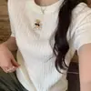 Suéter Delgado de Punto Nuevo de Verano para Mujer 2026, Suéter Bordado de Cuello Redondo Ajustado, Top Elegante Simple de Manga Corta
