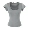 Camiseta de manga corta con cuello en U y borde ondulado, puramente deseable, para mujer, nuevo estilo verano 2026, versátil, adelgazante, con ribete de encaje, top de moda