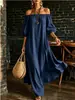 Vestido de color liso texturizado con mangas abullonadas y hombros descubiertos, estilo europeo y americano, corte holgado, bajo amplio, vestido largo fluido para vacaciones en la playa