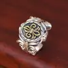 Anel de Banda Larga Dourado com Cruz e Flor Vintage Retrô Desgastado Moderno Hip-Hop Ivy Anel Masculino Venda Direta da Fábrica