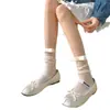 Calcetines de estilo ballet con lazo fruncido para mujer, calcetines de media pantorrilla para primavera/otoño, estilo JK japonés acanalados, adelgazantes, calcetines de color liso