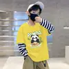 Camada de Base Infantil Masculina Estampa de Desenho Animado Algodão Puro Fina Camiseta Estilo Coreano Listrada Elegante Gola Redonda Manga Longa