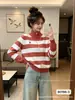 Outono 2026 Novo Versátil Fashionável Gola Reversível Meio Zíper Color Block Relaxado Listrado Solto Casual Emagrecedor Manga Longa