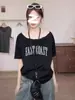 Camiseta de Algodón Puro Estilo Retro Americano Chica Caliente de un Hombro Manga Corta para Mujer, Verano 2025 Nuevo Top Holgado con Estampado de Letras Ins