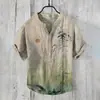 Camisa Casual de Manga Corta para Hombre con Estilo Chino de Bambú y Flor de Ciruelo, Impresión Digital, Cuello en V, 3 Botones, Lino Rústico