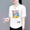 Camiseta de Manga Corta con Etiqueta Cortada de Gran Marca para Mujer, Excedente de Stock de Comercio Exterior Transfronterizo, Top Holgado, Manga Media, Estilo Madre de Mediana Edad, Efecto Adelgazante