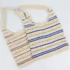 Bolso de paja a rayas de un solo hombro nuevo, bolso de hilo de algodón tejido a mano, bolso tote tejido de gran capacidad, bolso de playa para vacaciones para mujer