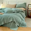 Estilo japonés Nube algodón suave lavado estilo sin estampado botón juego de cuatro piezas individual doble color sólido sábana sábana ajustable juego de tres piezas