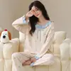 Pijama de Algodón Puro para Mujer de Primavera y Otoño, Manga Larga, Pantalón Largo, Cuello Redondo, Diseño Dulce y Lindo de Dachshund, Se Puede Usar Afuera como Ropa de Casa