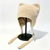Chapéu de tricô com pelo de coelho e lantejoulas para moda outono e inverno, fofo e versátil, com orelhas de gato para amarrar, quente e resistente ao frio, estilo pullover, atacado