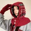 Chapéu e Cachecol Tricotados Jacquard Vermelho Retrô com Lã Tudo-em-Um Proteção para Ouvidos Feminina Balaclava Quente para Proteger Contra o Frio