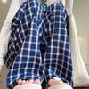 Pantalones de Cuadros Azules de Verano para Mujer, Nuevo Estilo Primavera y Otoño 2025, Pantalones Anchos de Cuadros de Cintura Alta para Mujer Petite