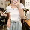 Camiseta de Manga Curta Cor Sólida Estilo Coreano Transfronteiriça para Mulheres, Blusa Básica Slim Fit Estilo Coreano de Verão, Top com Gola U