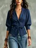 Otoño 2026 Nuevo Transfronterizo Europeo y Americano Comercio Exterior Elegante para el Trabajo Color Sólido Blazer con Lazo en la Cintura Camisa Abotonada con Cuello para Mujer