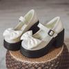 Sapatos de Salto Alto com Laço Doce para Mulheres no Verão Mary Jane Retrô Salto Grosso Solas Grossas para Aumentar a Altura e Emagrecer Estilo Japonês Sapatos Pequenos de Couro