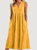 2026 Roupas Femininas Europeias e Americanas de Comércio Exterior Transfronteiriço Amazon Cor Sólida Pulôver Gola V Sem Mangas Algodão Solto Vestido