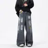 Jeans de estilo americano con salpicaduras de pintura para hombre, pantalones retro holgados de pierna ancha para la calle de verano, pantalones rectos de marca de moda con grafiti