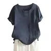 Camiseta Casual de Algodón y Lino para Mujer, Manga Corta, Cuello Redondo, Botones, Estilo Europeo y Americano, para Vacaciones y Calle, 2024