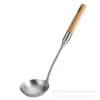 Pala para Saltear de Acero Inoxidable de Alta Calidad Mango de Haya Colador Pala para Saltear Cuchara para Sopa Pala para Freír Juego de Utensilios de Cocina Domésticos Pala para Sartén Cuchara para Freír