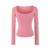 Camiseta Feminina de Outono Manga Longa Estilo Desejo Puro com Decote U Grande, Barra Franzida e Design de Bolso, Top Camada Base Slim-Fit