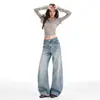 Pantalones Anchos Lavados Estilo Retro Americano para Mujer, Diseño Nuevo de Moda, Ajuste Holgado Versátil, Jeans de Pierna Ancha Adelgazantes
