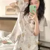 Pijama de Encaje Azul con Estampado de Pastel para Perros para Mujer Verano Conjunto de Shorts de Manga Corta Ropa de Casa para Estudiantes Conjunto de Dos Piezas