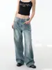 Pantalones de Mezclilla Rectos de Pierna Ancha Lavados en Azul Claro con Efectos de Bigotes, Estilo Retro Americano de Tiro Bajo Holgados, Pantalones Adelgazantes de Largo Completo
