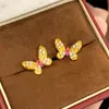 Nuevos pendientes de mariposa simulados en oro estilo chino con incrustaciones completas de diamantes, diseño de nicho de lujo ligero, pendientes de mariposa de la fortuna para mujer, joyería Meilong