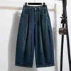 Foto Real de Pantalones Vaqueros Azules Vintage de Talla Grande para Mujer, Pantalones Anchos de Verano Finos Estilo Americano, Pantalones de Longitud 7/8