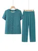 Traje de verano de algodón y seda para mujeres mayores, conjunto de dos piezas fino estampado de manga corta para madres y abuelas, ropa de tallas grandes