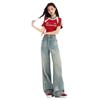 Jeans Feminino Wide Leg Rasgado Estilo Americano Retrô Verão 2024 Fino Cintura Alta Emagrecedor Solto Reta