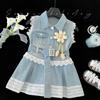 Vestido jeans para meninas de verão 2025, estilo coreano, com renda e flores, vestido vipper, cabelo transfronteiriço