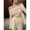 Traje de Moda para Mujer Primavera Deseo Puro Un Hombro Asimétrico Camiseta de Manga Larga Top Pantalones Casuales de Cintura Alta Conjunto de Dos Piezas