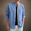 Camisa de trabalho de alta qualidade estilo americano, de algodão e linho, com gola alta e mangas compridas para homens, novo modelo outono 2026, corte solto, camisa de linho estilo old money