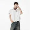 Camisa de Trabajo Caqui de Manga Corta para Hombre Verano Americana Simple Holgada con Solapa Diseño de Cordón Camisa de Pulgada para Pareja Moderna