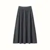 Saia Midi Casual de Lã com Cintura Elástica, Barra Larga Retrô, Saia Plissada de Caxemira para Mulheres, Outono Inicial
