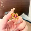 Colar Flor de Cinco Pétalas Ouro Rosê Estilo Antigo com Diamantes, Anel de Safira Novo Estilo Chinês, Brincos, Pingente de Peônia para Mulheres, Luxo Leve